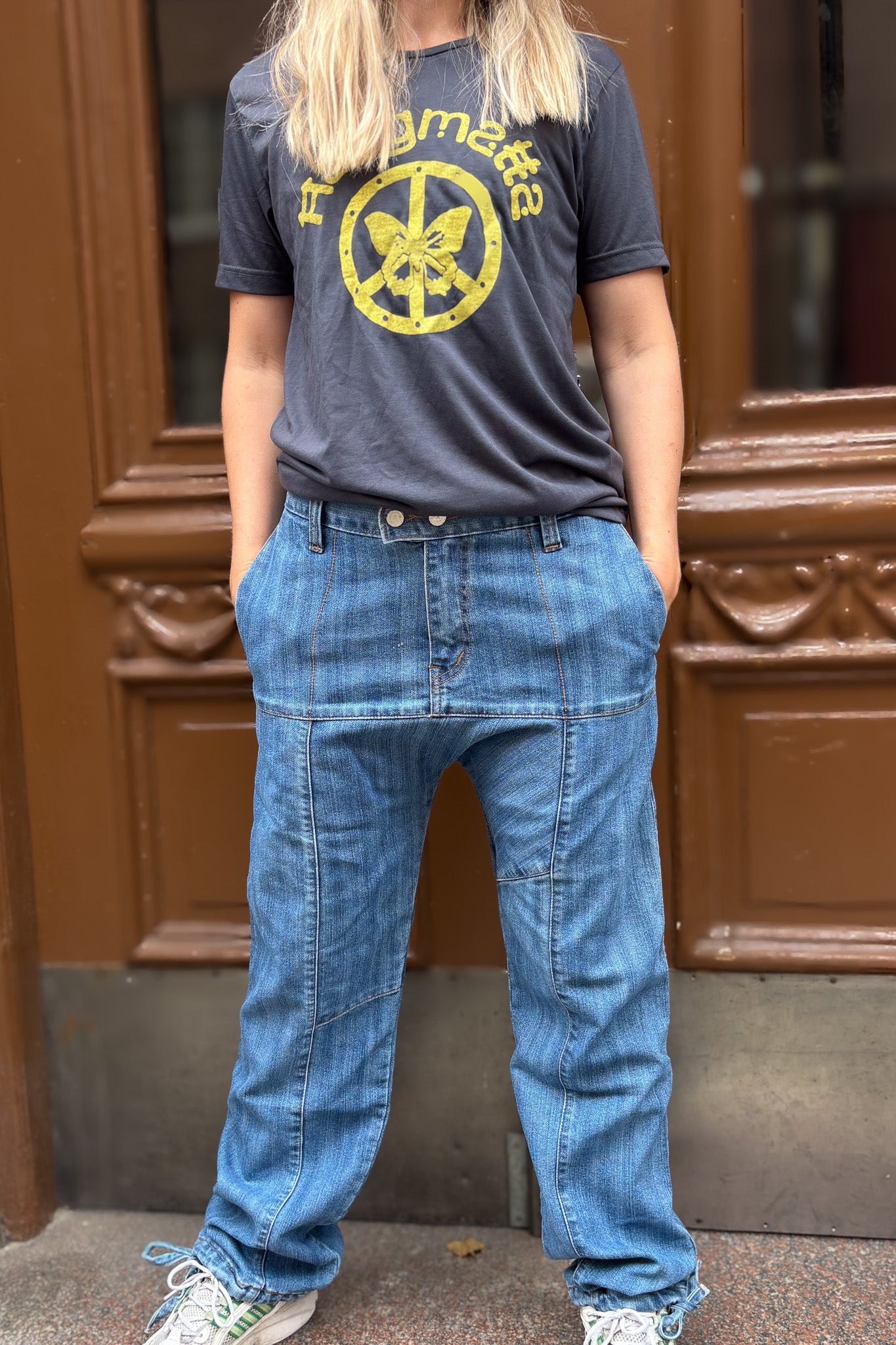 Indigoblå Jeans Dubbelknapp Vintage Indigo Blue