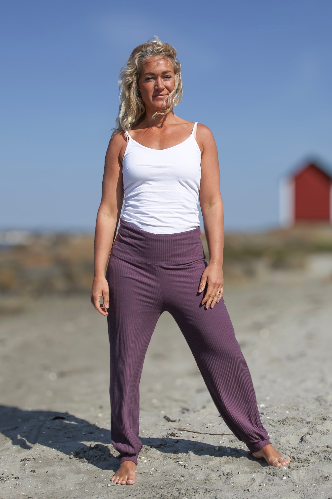 Lila Ribbad Leggings Yoga Stretch Purple Grey