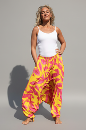 Gul/Rosa Mönstrad Haremsbyxa Classic Yellow Base Pink Leafs