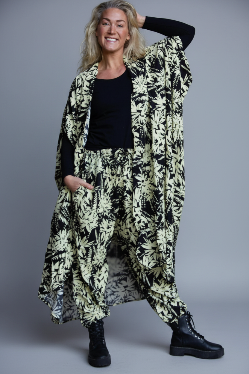 Svart/Vit Bladmönstrad Kaftan Klänning Flower Sea Black White