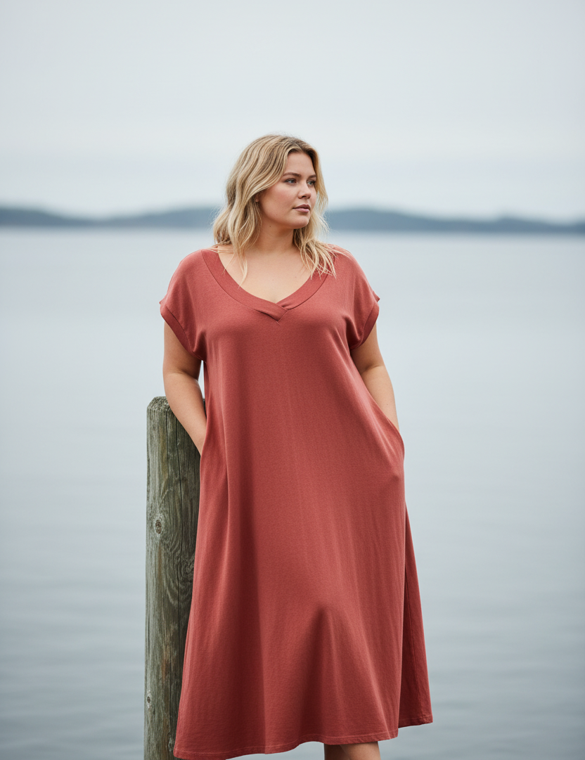 Rostbrun Ballerina V-Neck klänning i färgen Rust