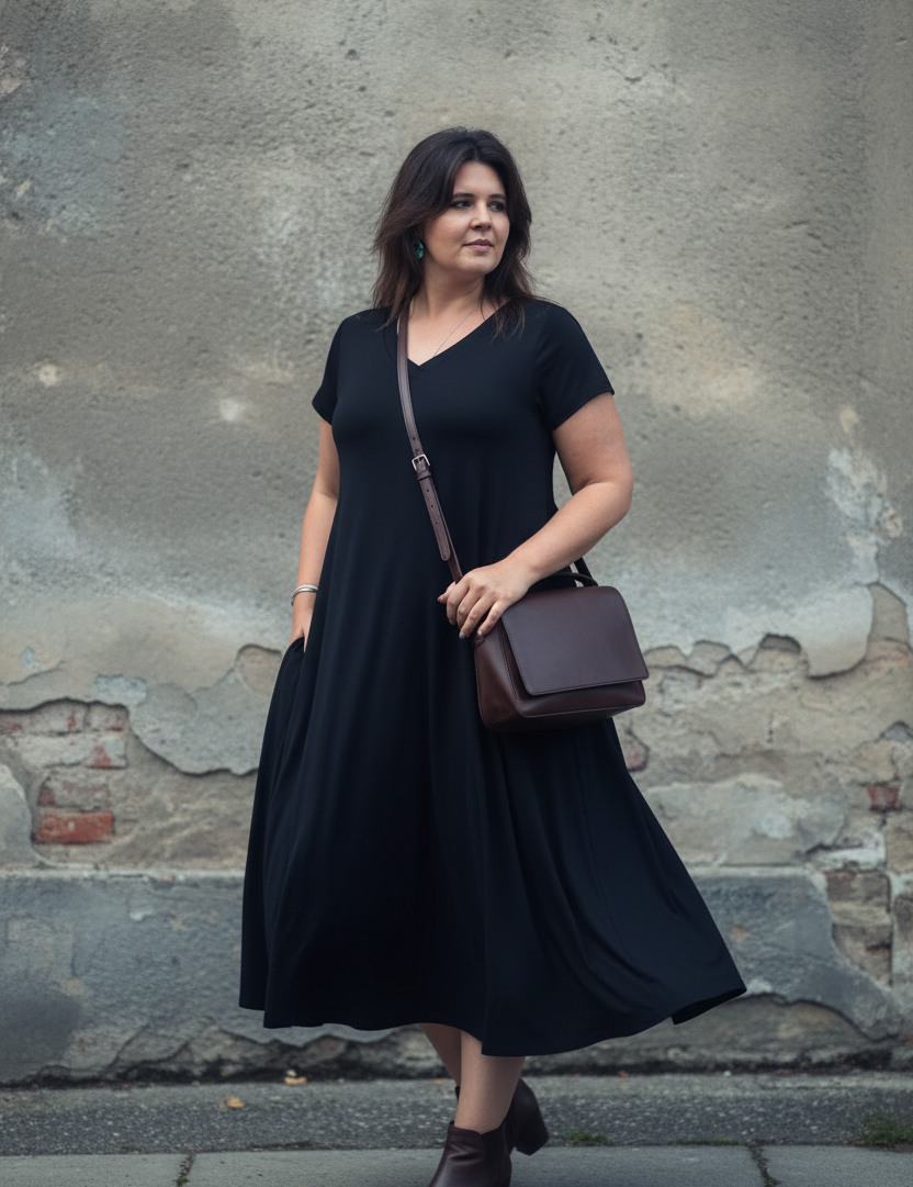 Svart Ballerina V-Neck-klänning med väska