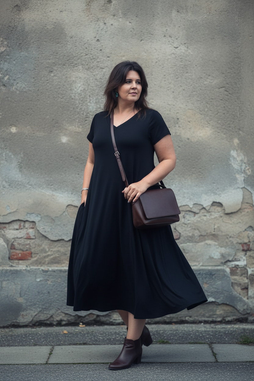 Svart Ballerina V-Neck-klänning med väska