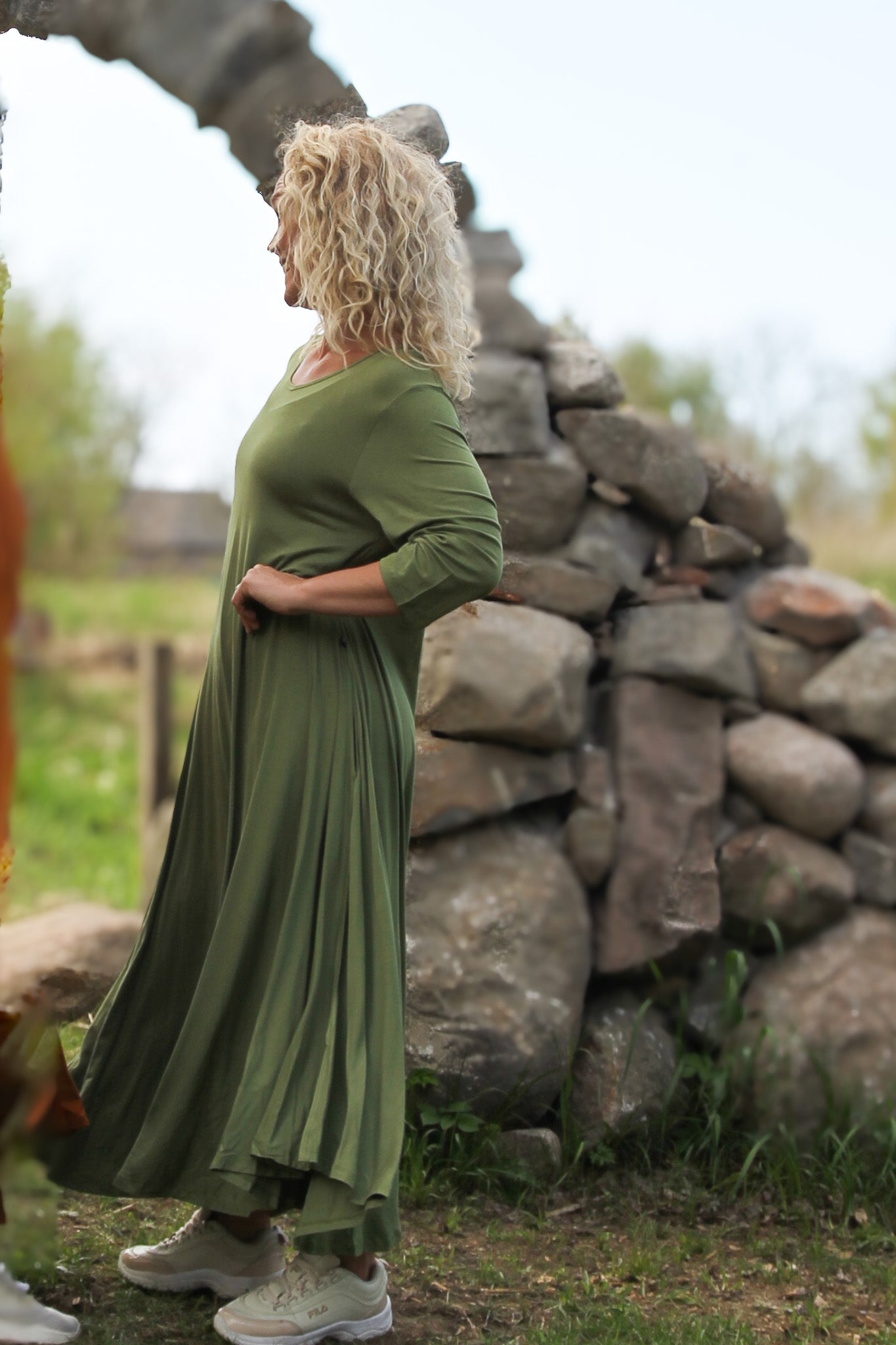Green Dress Ballerina V-Neck Long Green