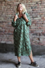 Green Patterned Hoodie Dress Kokomo Eucalyptus Green Brown
