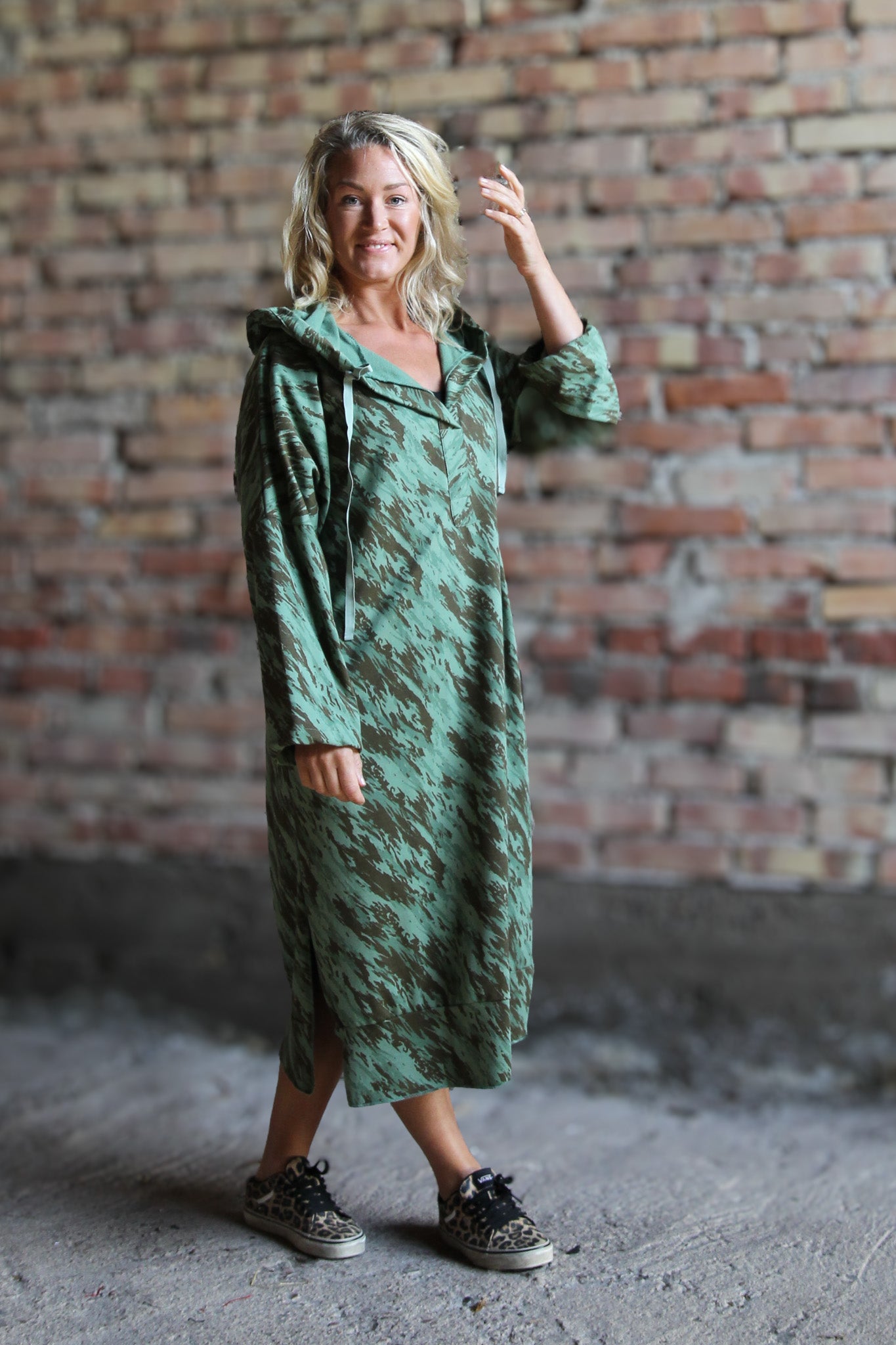 Green Patterned Hoodie Dress Kokomo Eucalyptus Green Brown