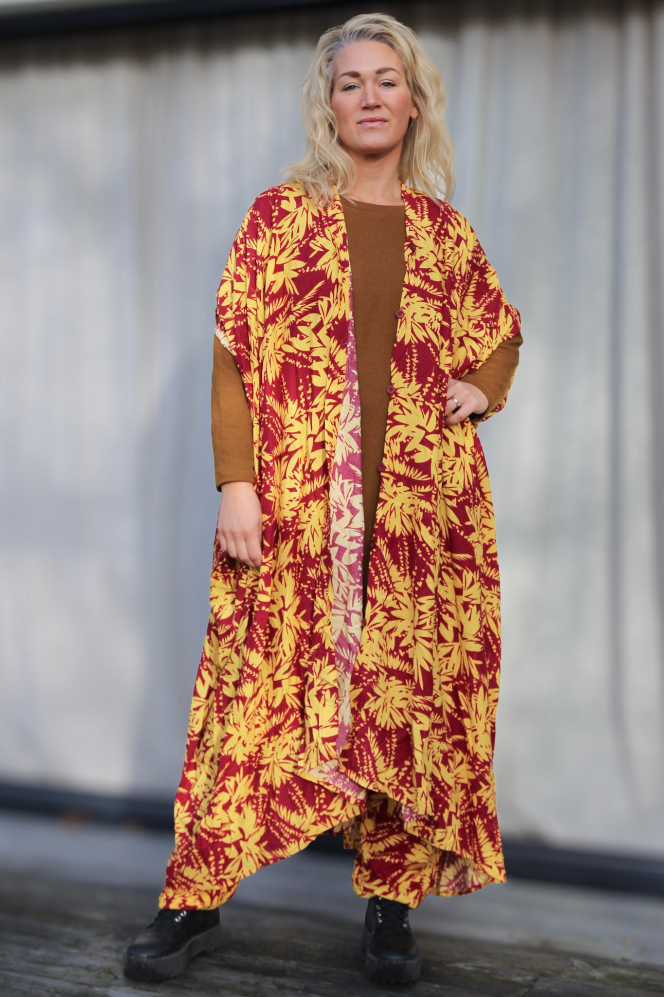 Lila/Gul Bladmönstrad Kaftan Klänning Flower Sea Purple Yellow