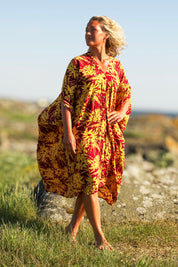 Lila/Gul Bladmönstrad Kaftan Klänning Flower Sea Purple Yellow