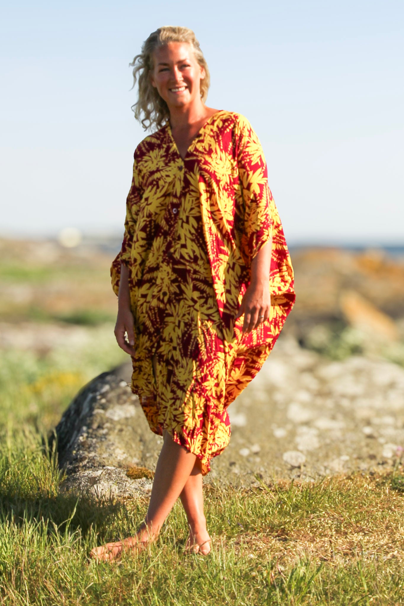Lila/Gul Bladmönstrad Kaftan Klänning Flower Sea Purple Yellow