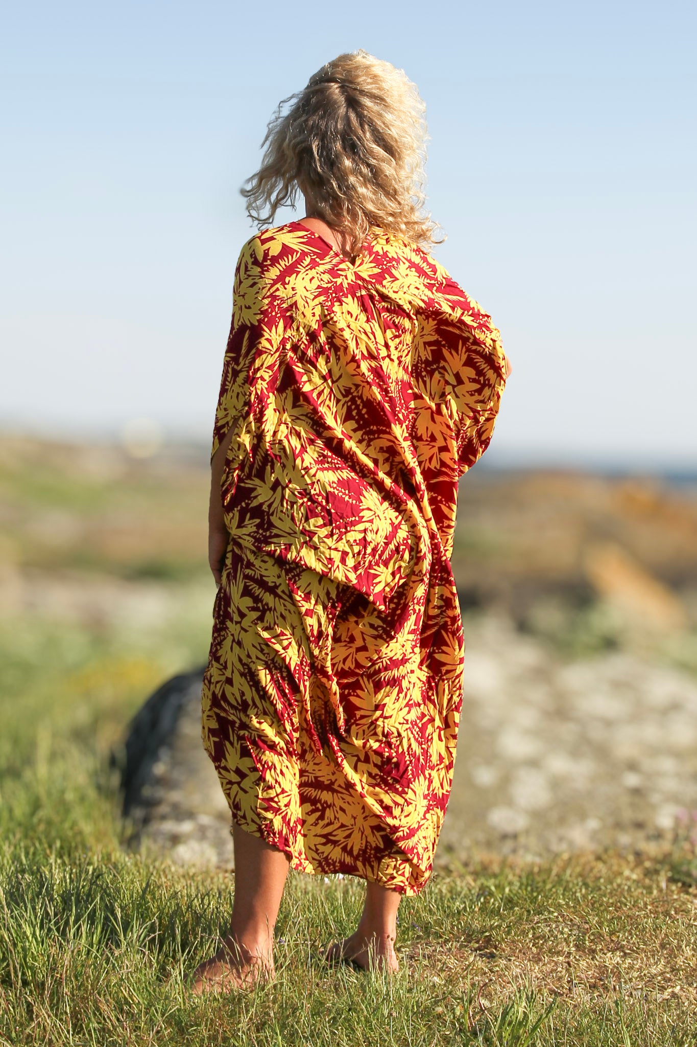 Lila/Gul Bladmönstrad Kaftan Klänning Flower Sea Purple Yellow