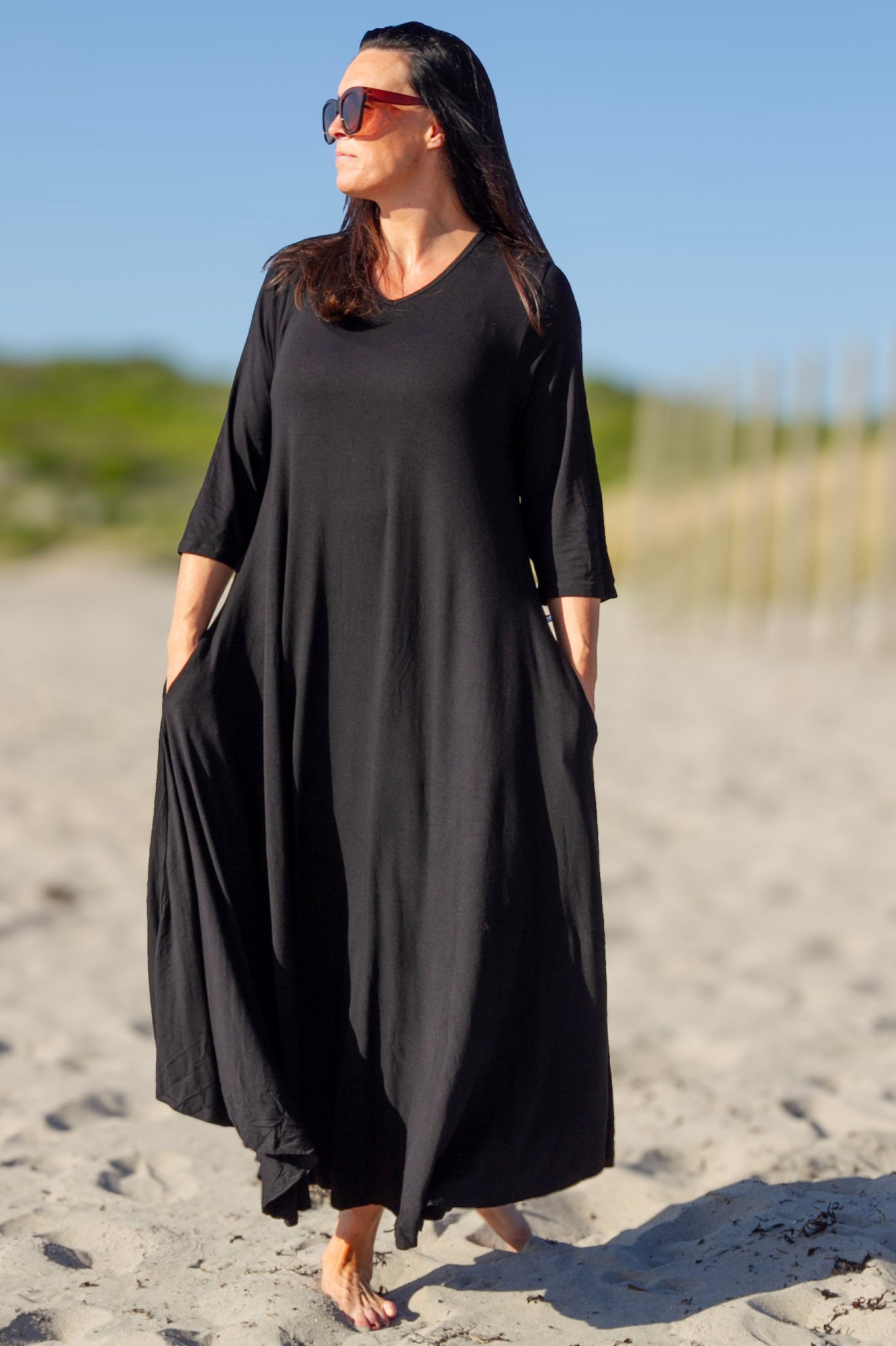 Zwarte jurk Ballerina V-hals Lang Zwart