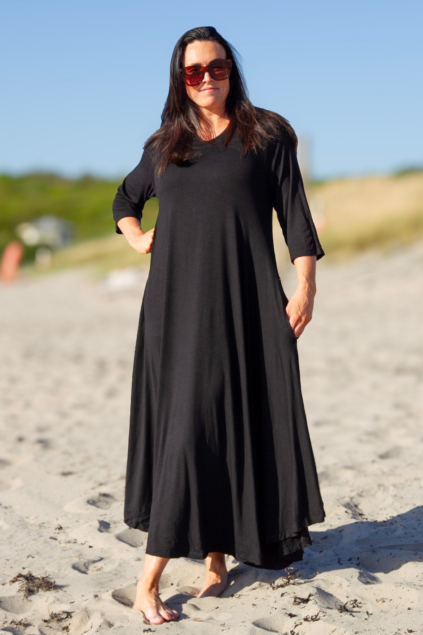 Zwarte jurk Ballerina V-hals Lang Zwart