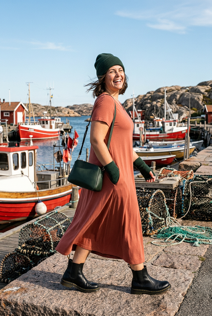 Ballerina Rust i rörelse längs kajen