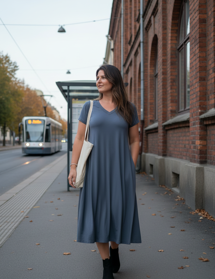 Ballerina V-neck vid tegelhus och hållplats