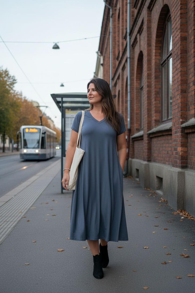 Ballerina V-neck vid tegelhus och hållplats
