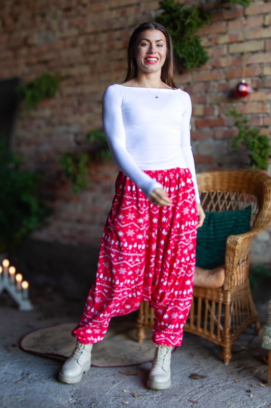Red Patterned Harem Pants Yoggi Winter Print Red Base
