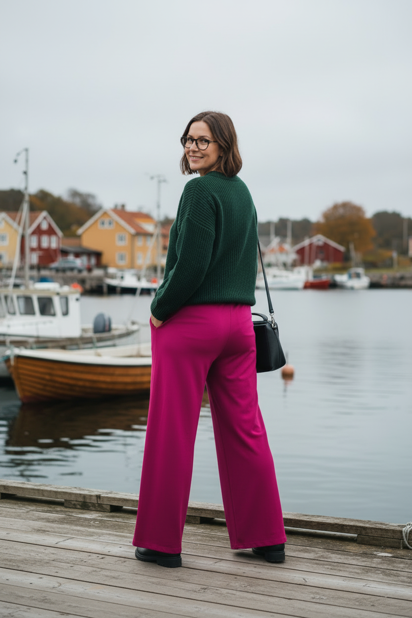Ceriserosa byxor bakifrån i hamnen
