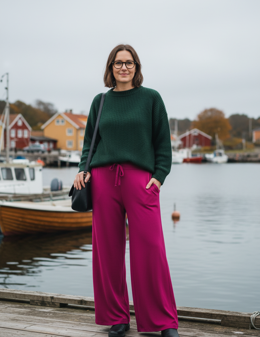 Ceriserosa byxor i höstig hamnmiljö