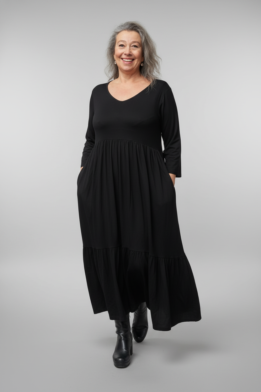 Svart Draperad Klänning Amelie Longsleeve Black
