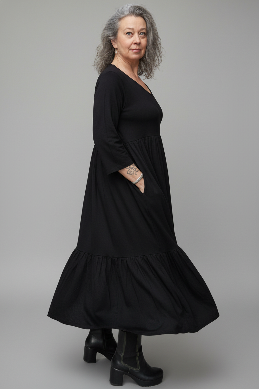 Svart Draperad Klänning Amelie Longsleeve Black