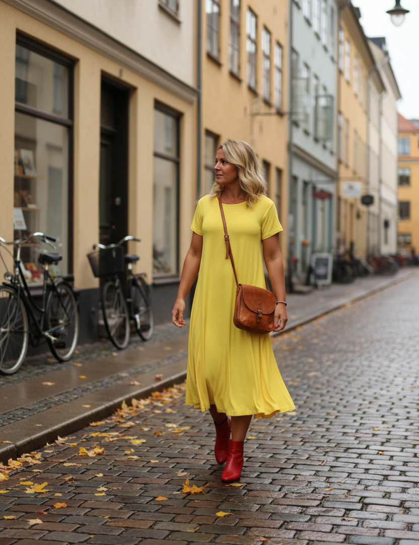 Gul Ballerina-klänning vid äldre stadsfasad