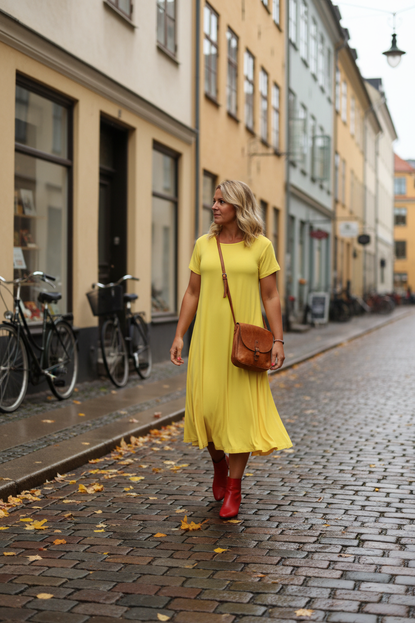 Gul Ballerina-klänning vid äldre stadsfasad
