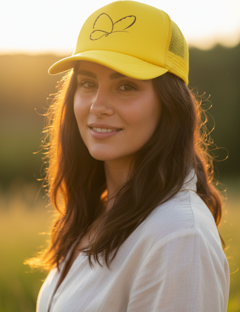 Gul keps brunett utomhus