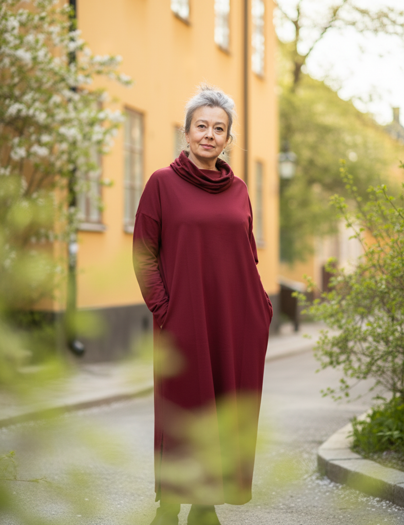 Händer i fickor med polokrage