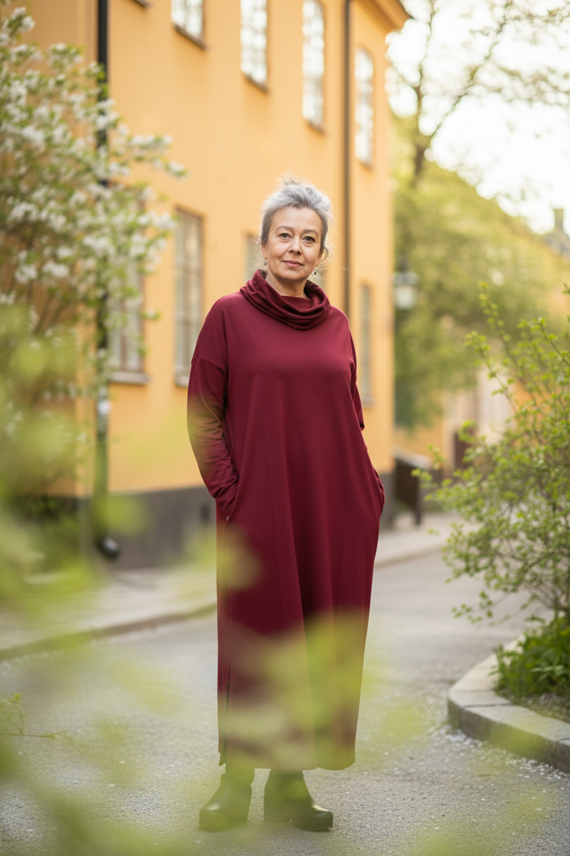 Händer i fickor med polokrage