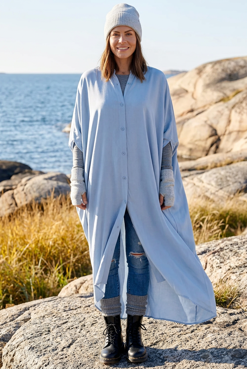 Knäppt kaftan i solig västkustmiljö