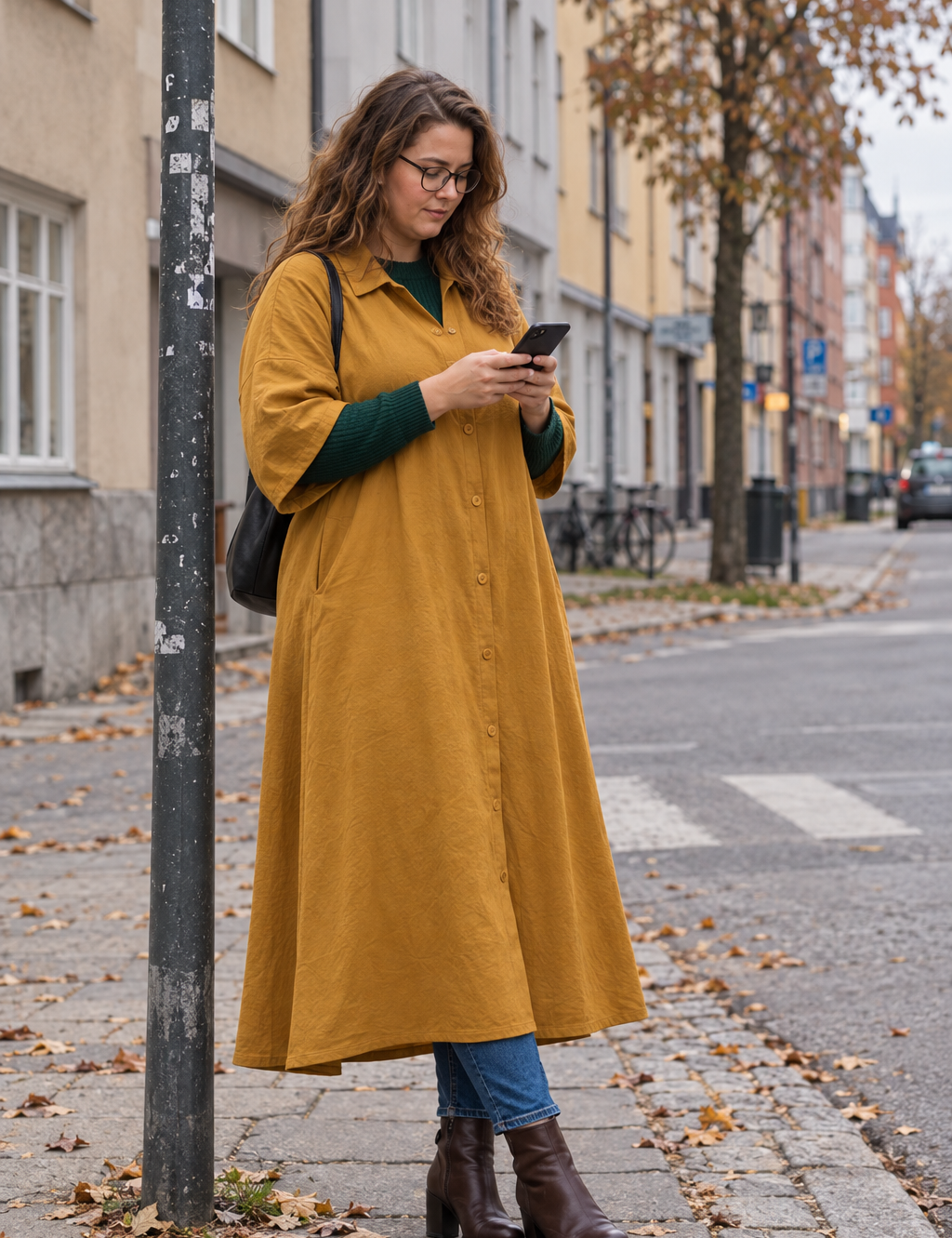 Knäppt plagg, läser på telefonen vid ett gathörn