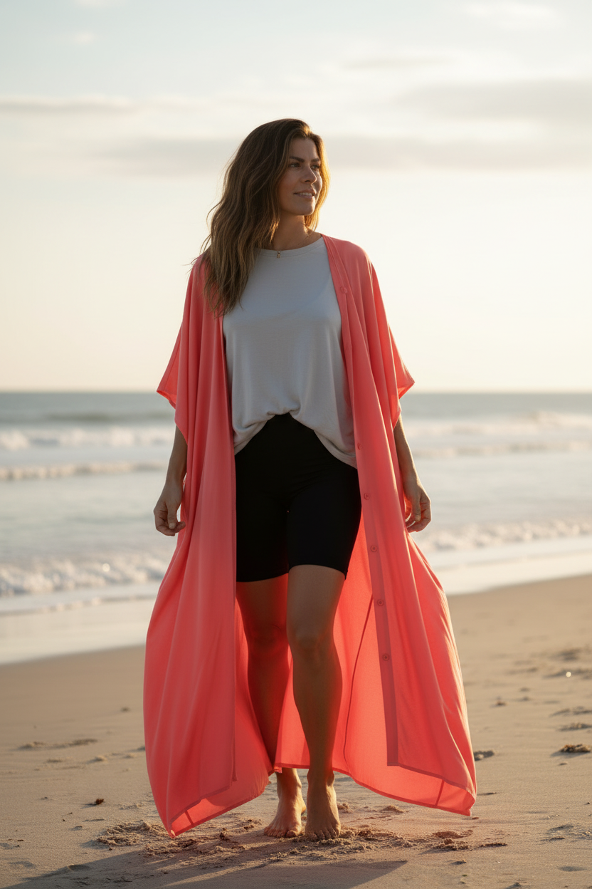 Korallrosa öppen med korta tights 4