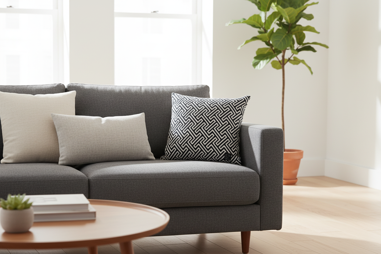 Kudde på grå soffa
