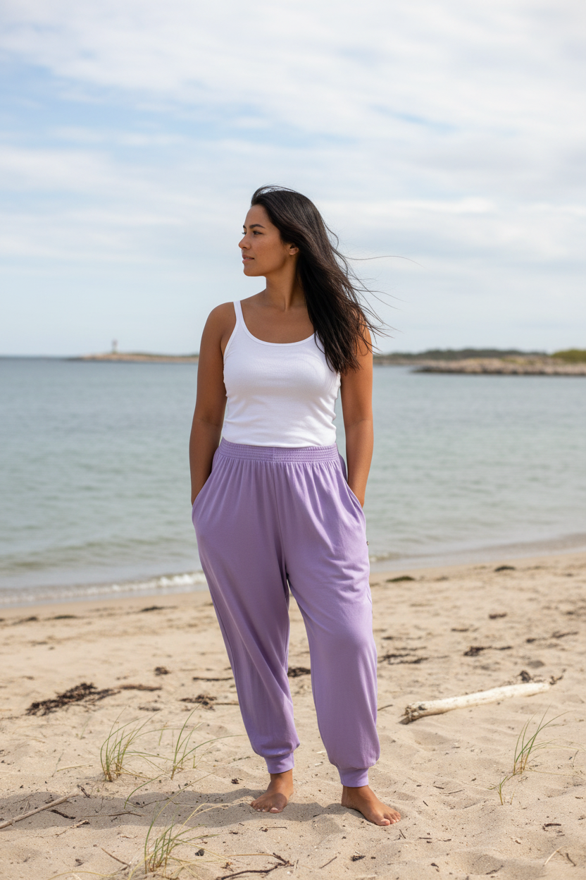 Lila byxor med vit topp