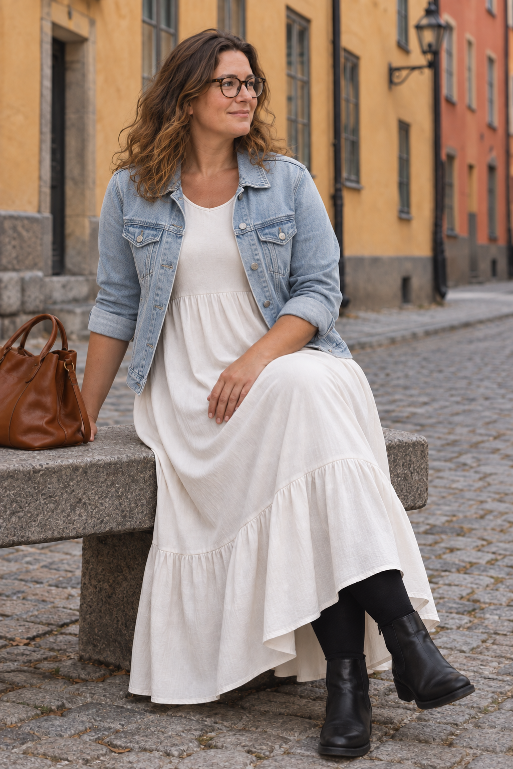 Ljus klänning med ljus jeansjacka, sittande