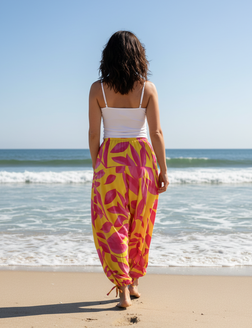 Mörkhårig strandpromenad