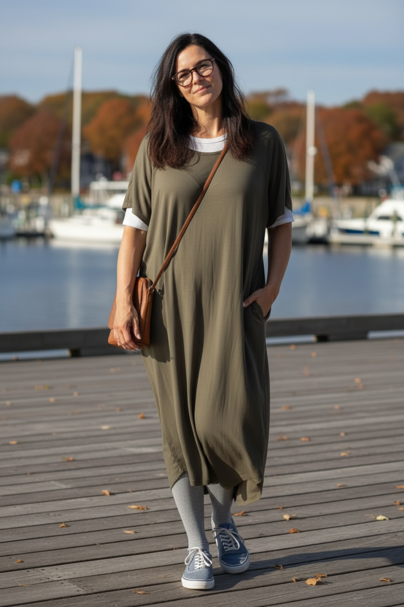 Olivgrå klänning framifrån med vit topp och tights
