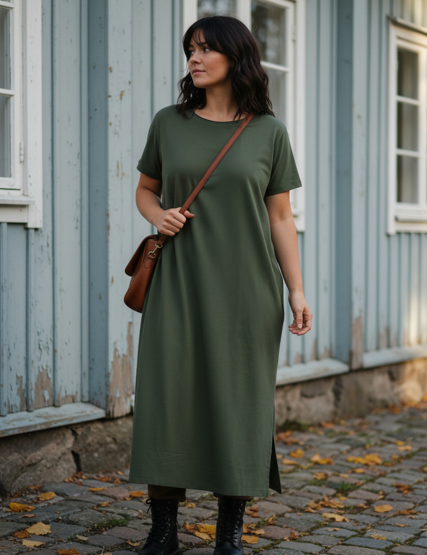 Olivgrön klänning med axelväska