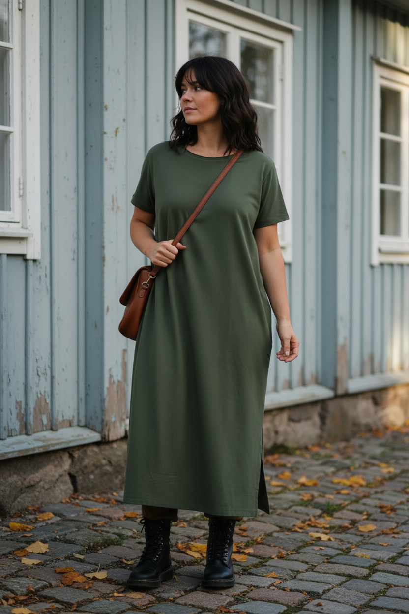 Olivgrön klänning med axelväska