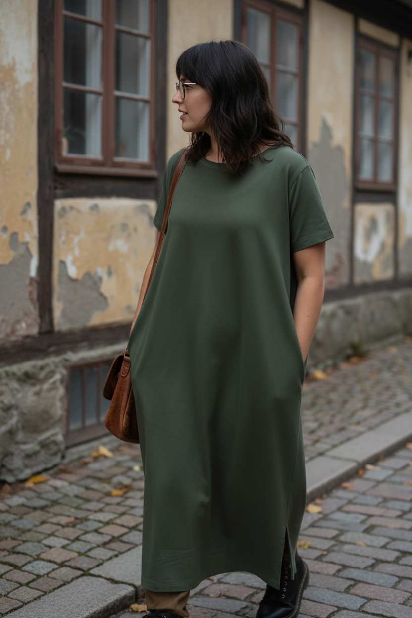 Olivgrön klänning vid äldre husfasad