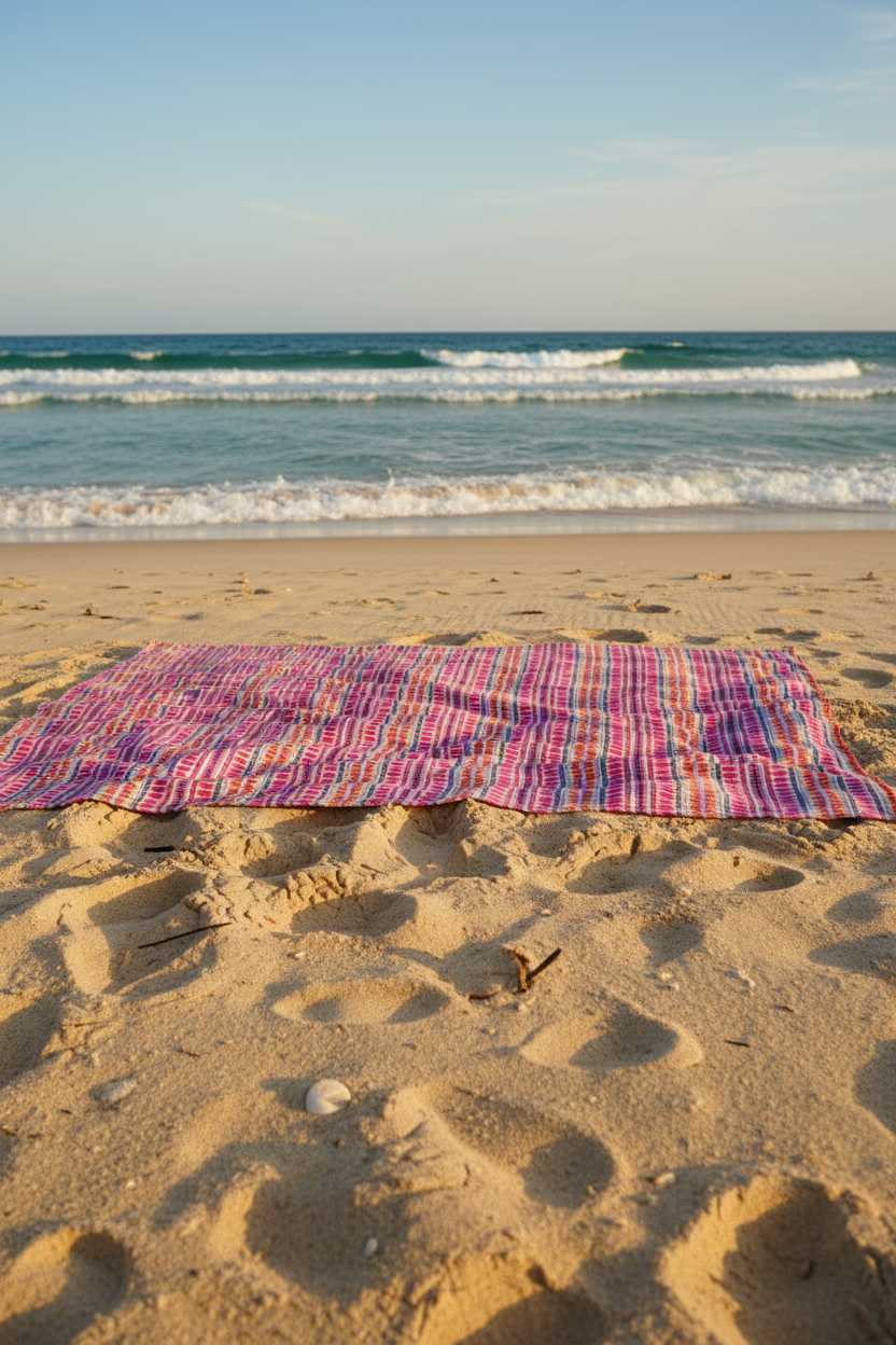 På strand, hörn blåser i vinden