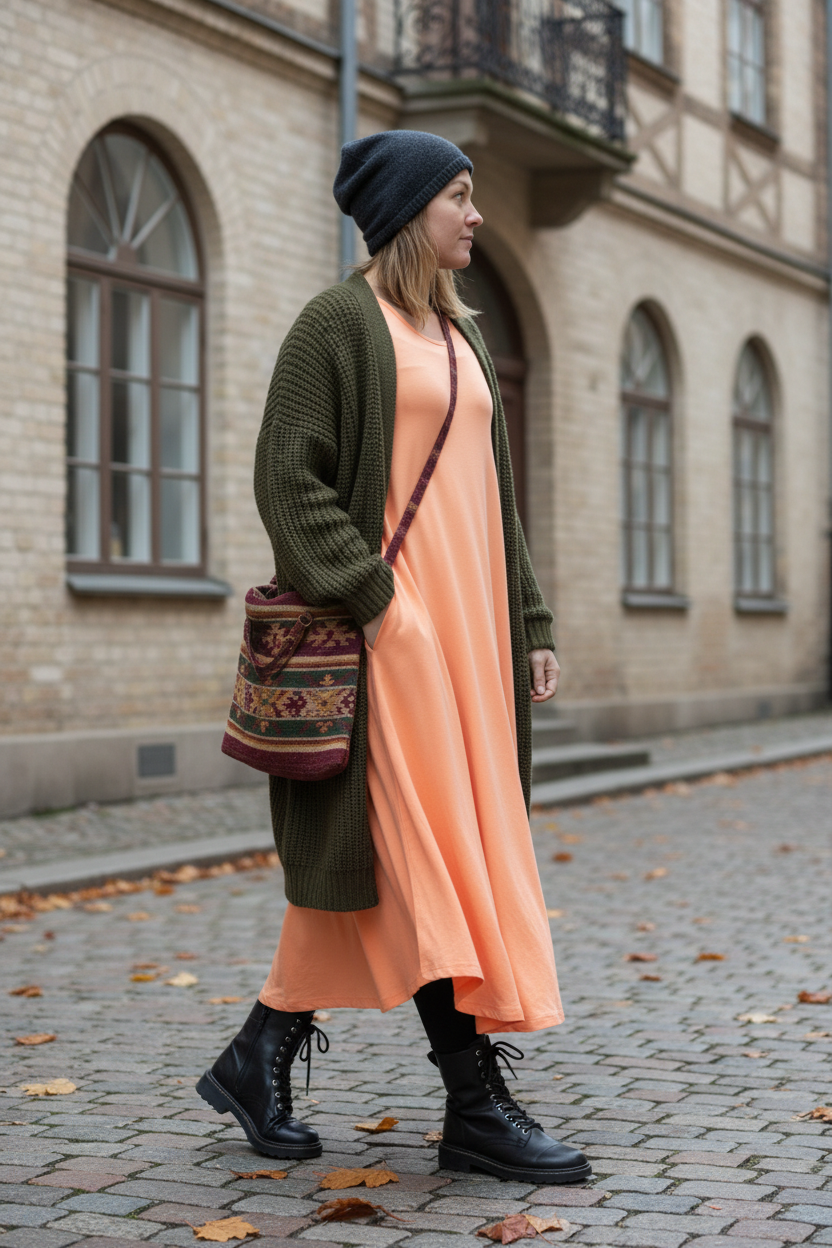 Persikofärgad Ballerina-klänning med mörk mössa