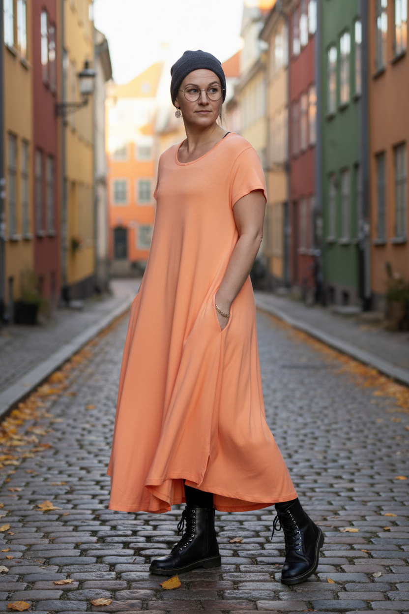 Persikofärgad klänning utan kofta med mössa