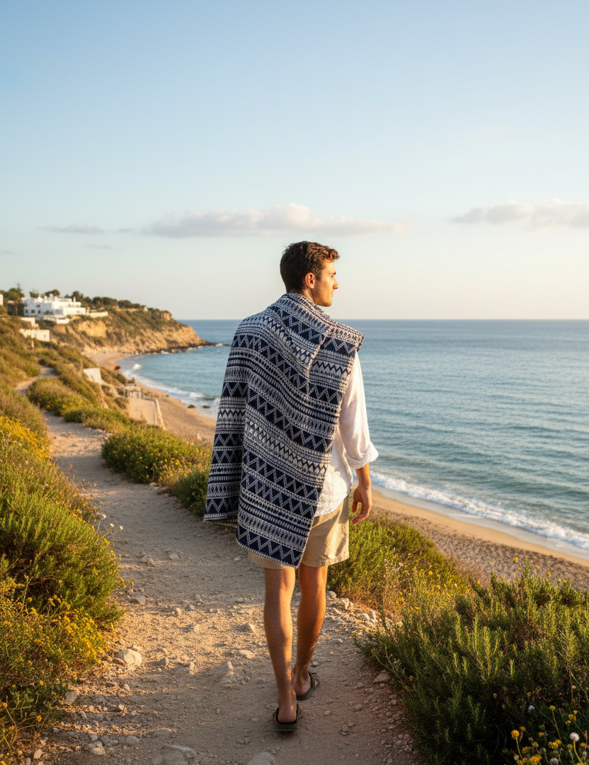 Person bär filt över axeln