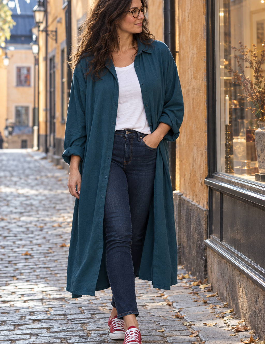 Öppen blågrön skjortklänning i Gamla stan, gående