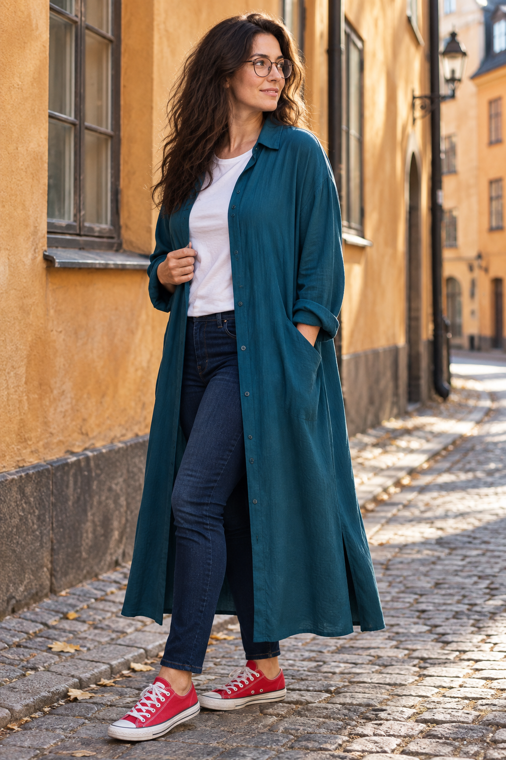 Öppen blågrön skjortklänning i Gamla stan, sidovy