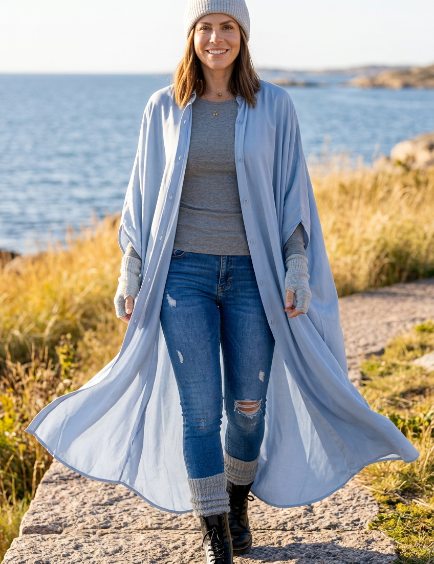 Öppen kaftan i rörelse vid kusten