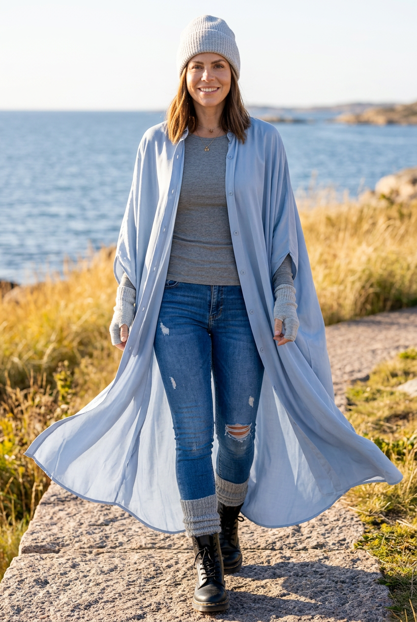 Öppen kaftan i rörelse vid kusten