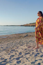 Purple/Yellow Leaf Patterned Kaftan Dress Flower Sea Purple Yellow