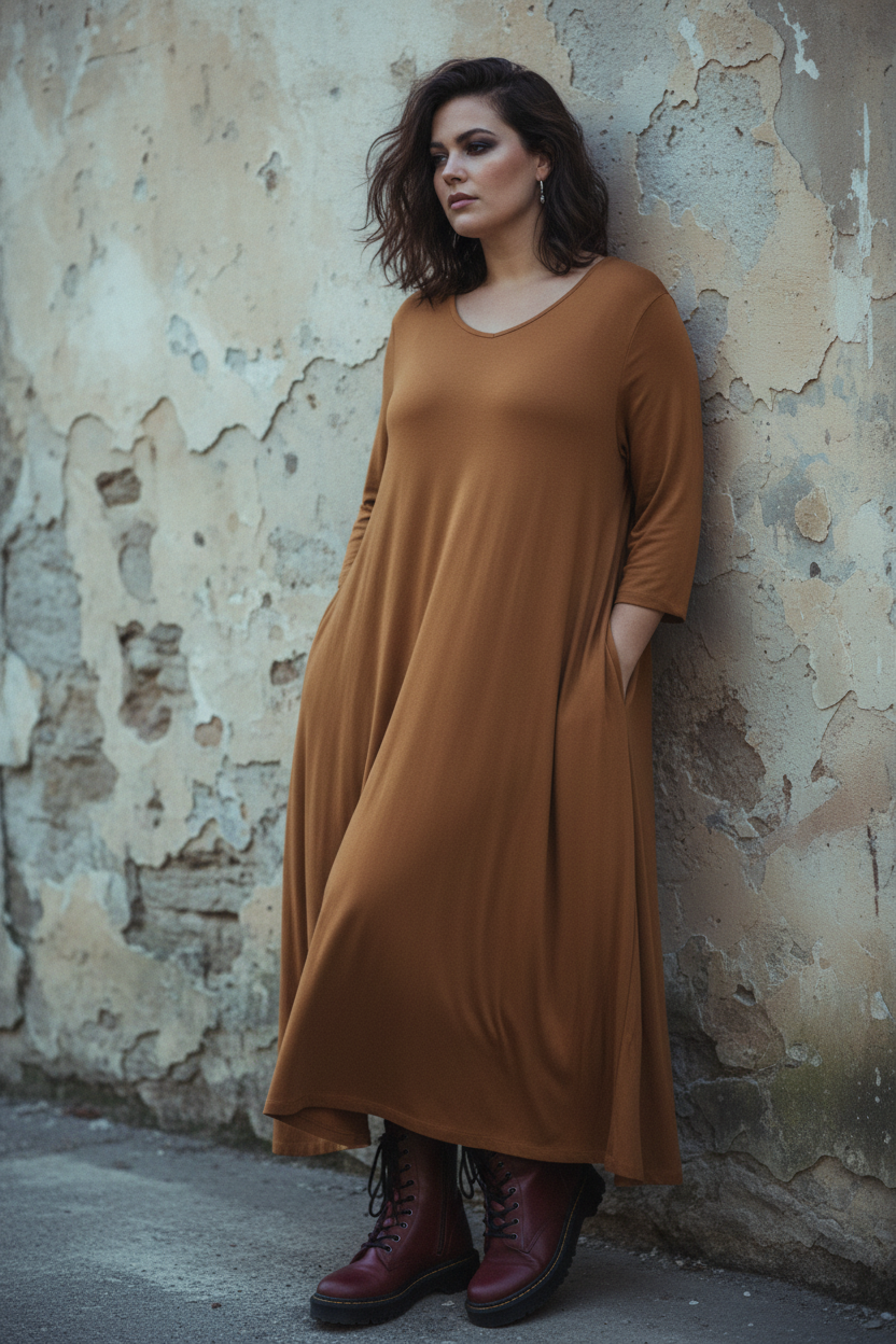 Karamellbrun maxiklänning Melody – V-neck
